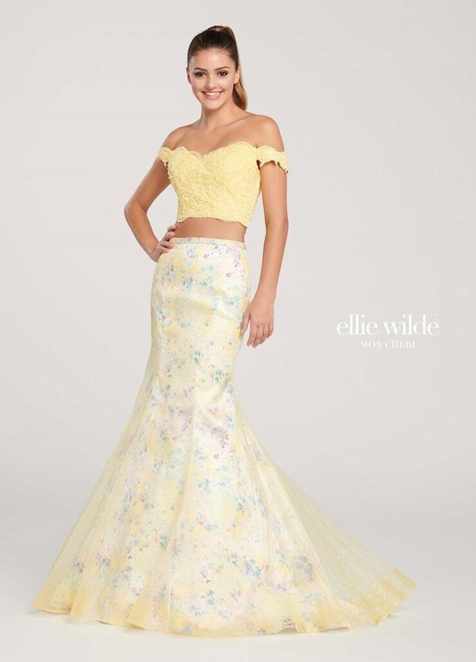 Ellie Wilde Prom Special Occasion Yellow Floral 2 Piece Beaded Tulle Dress Sz 6